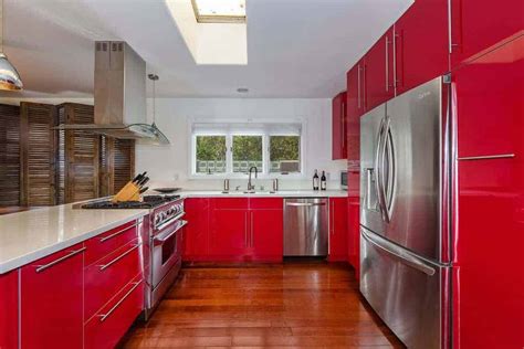 red cabinets kitchen with stainless steel countertops|red kitchen styles.